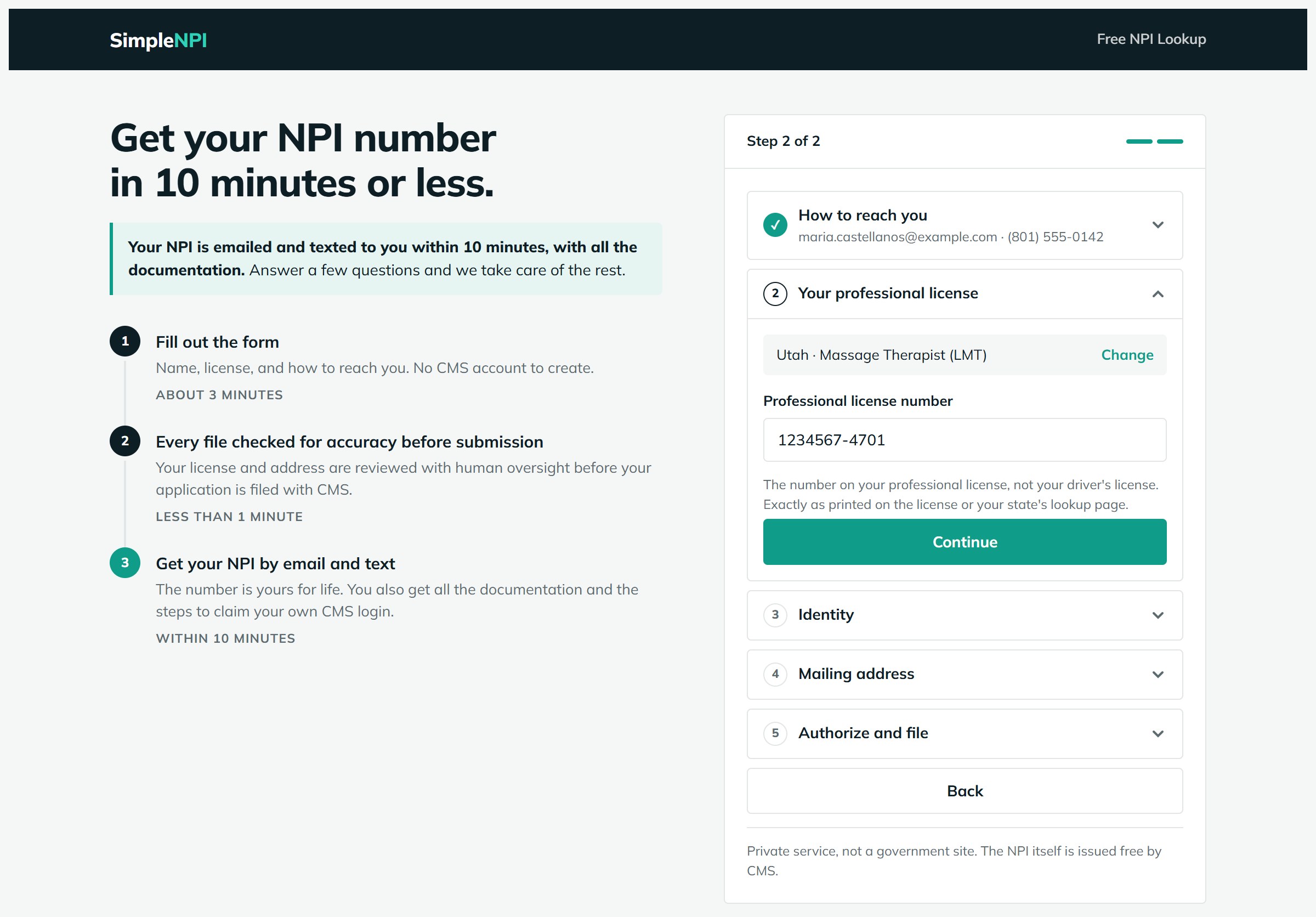 Step 2 of the SimpleNPI form, partly filled in: contact details and the professional license, before the identity section